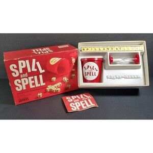 Vintage Spill & Spell Parker Brothers Toy w/ 15pc Alphabet Dice and Cup 1966